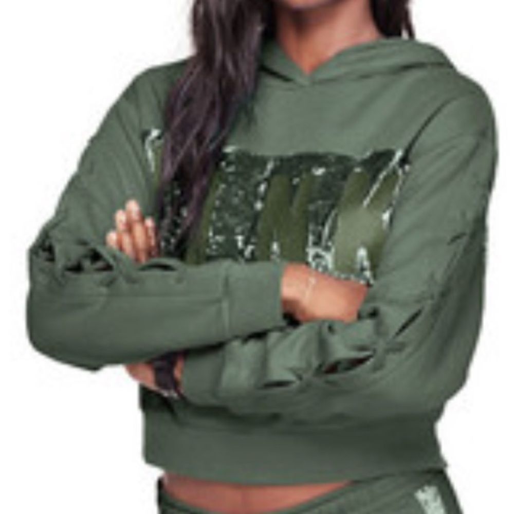 Victoria Secret Pink Army Green Crop Hoodie Size XS